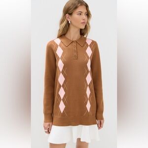 English Factory Brown Sweater with Pink Argyle Design